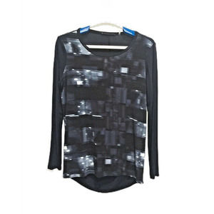 Tahari Womens Top Black Blue Long Sleeve Size Small Draped Back Abstract Print
